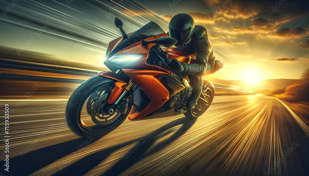 A motorcyclist in full gear aggressively leans into a turn on an orange sports bike, with the sun setting in the background creating a radiant light effect on the road.