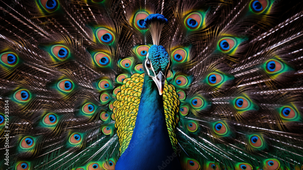 Obraz premium Close-Up of a Regal Peacock Displaying