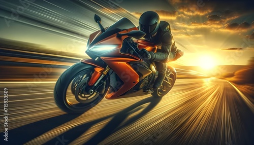 A motorcyclist in full gear aggressively leans into a turn on an orange sports bike, with the sun setting in the background creating a radiant light effect on the road.