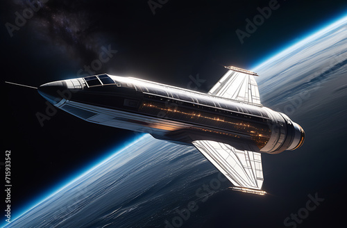 Giant spaceship flying through space. Planets, futuristic atmosphere, alien worlds. Cosmic tourism concept