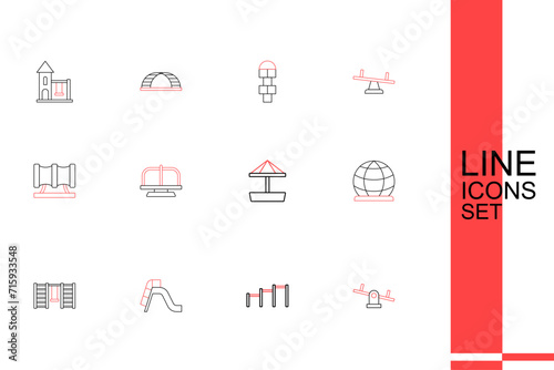 Set line Seesaw, Sport horizontal bar, Slide playground, Swedish wall, Playground climbing equipment, Sandbox with sand, Attraction carousel and Kid slide pipe icon. Vector