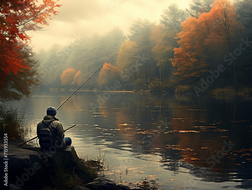 man fishing in the morning on the shore in autumn, autumn, fishing, lake, man, created with Generative AI technology