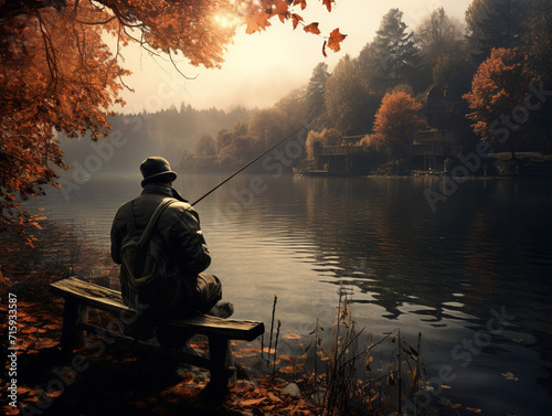 man fishing in the morning on the shore in autumn, autumn, fishing, lake, man, created with Generative AI technology