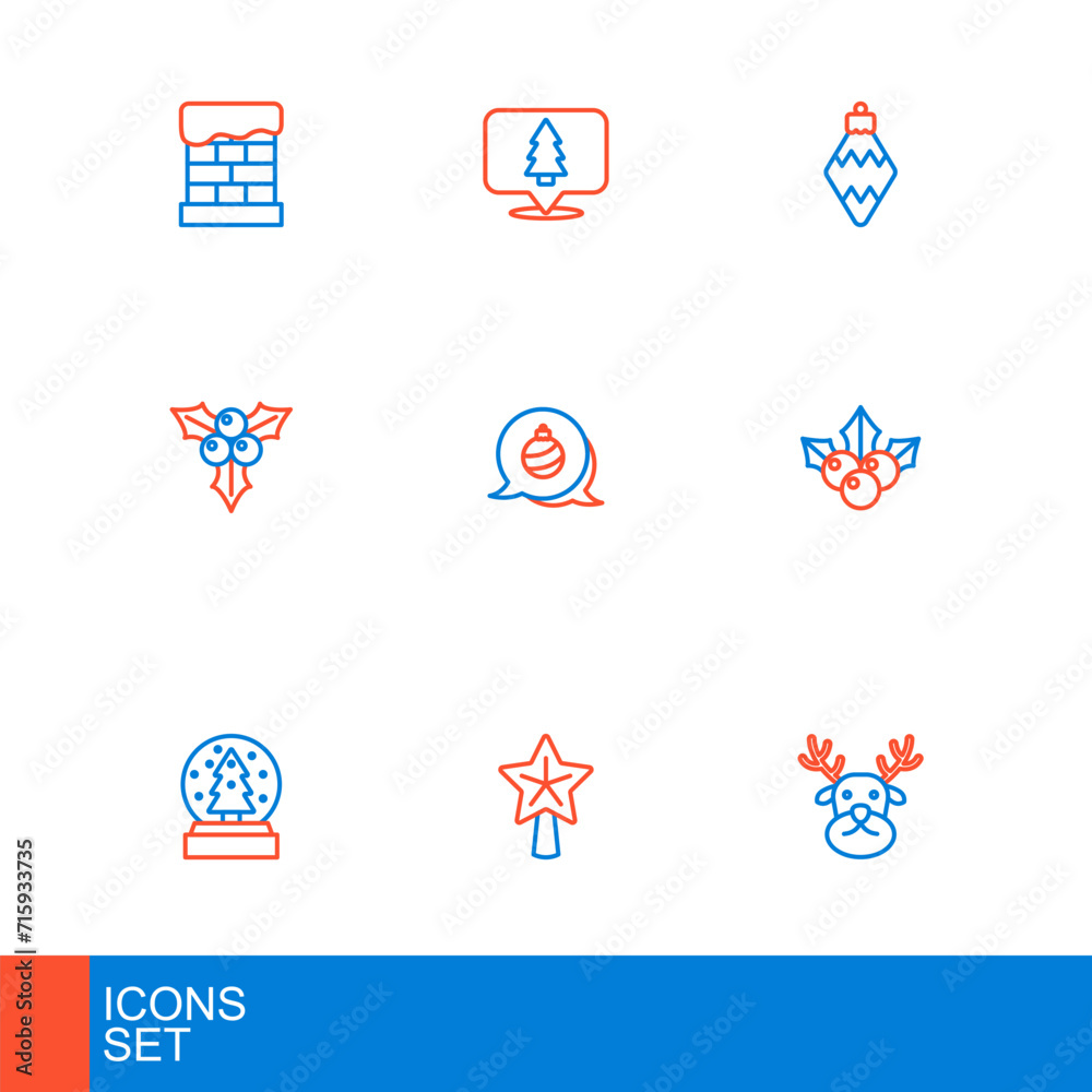 Set line Reindeer, Christmas star, snow globe, Branch viburnum, ball, toy and tree icon. Vector Set line Reindeer, Christmas star, snow globe, Branch viburnum, ball, toy and tree icon. Vector