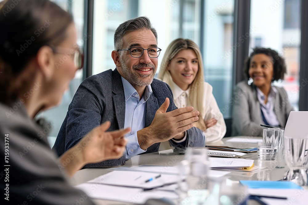 Business Meeting, Group of People Engaged in Table Discussion Business Meeting, Group of People Engaged in Table Discussion