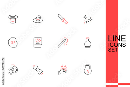 Set line Open padlock, Hand holding fire, Bow tie, Handcuffs, Bottle with potion, Magic wand, Ancient magic book and runes icon. Vector