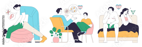 Gender transition consequences set. Gender-affirming therapy, positive and negative experience. Transgender person mental health, legalization, activism and discrimination. Flat vector illustration