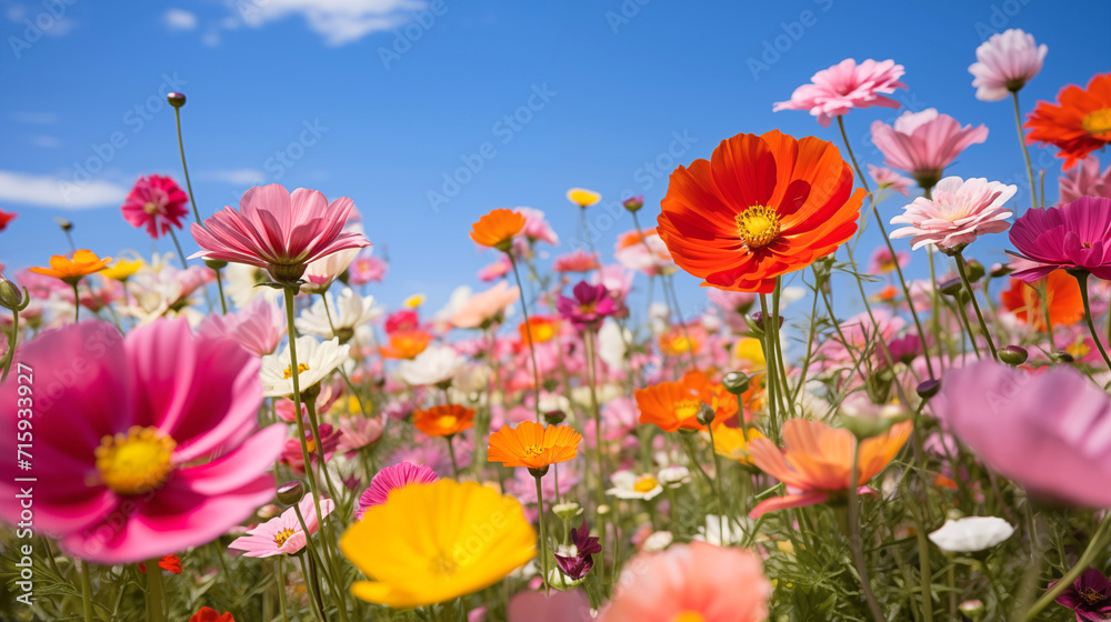 Vibrant Field of Flowers under a Clear Blue Sky: A Perfect Background