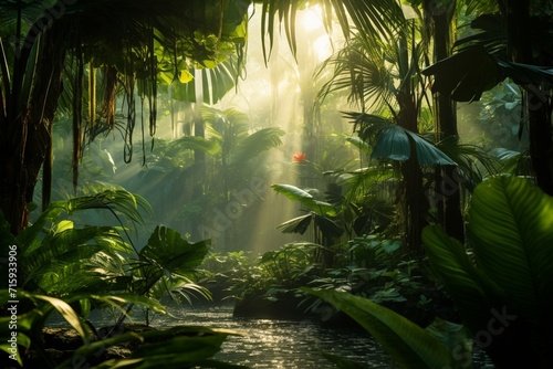 Mesmerizing Tropical Jungle Canopy Illuminated by Morning Light.