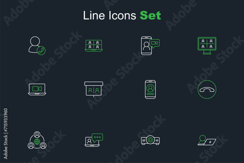 Set line Video chat conference, Movie, film, media projector, Meeting, Telephone handset, and icon. Vector