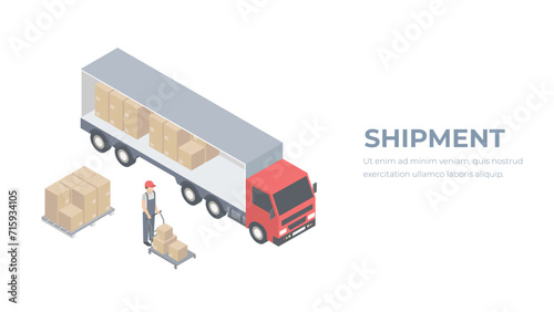 Cargo truck carrying parcels as warehouse logistics isometric vector illustration. Warehouse worker loads packages into a truck.