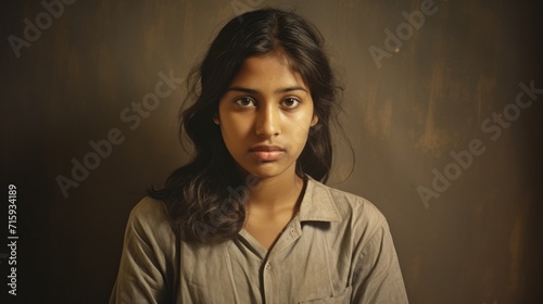 Photorealistic Teen Indian Woman with Brown Straight Hair vintage Illustration. Portrait of a person in Great Depression era aesthetics. Historic movie style Ai Generated Horizontal Illustration.