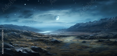 Mesmerizing rugged terrain of a highland moorland beneath a starlit night sky. © Riffat