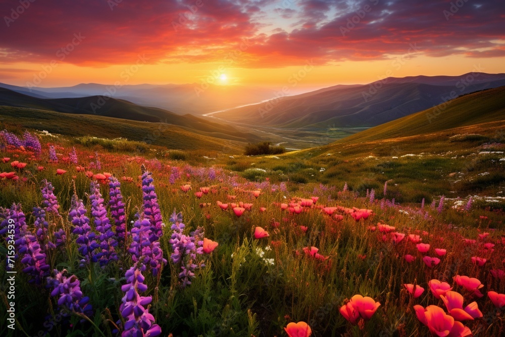 Mesmerizing Valley Floor Blanketed in Vibrant Wildflowers during Sunset.