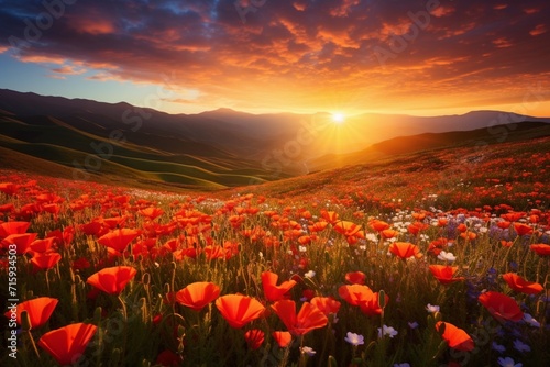 Mesmerizing Valley Floor Blanketed in Vibrant Wildflowers during Sunset.