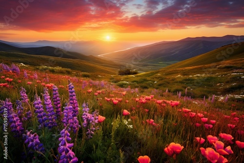 Mesmerizing Valley Floor Blanketed in Vibrant Wildflowers during Sunset.