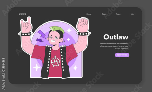 Personality psychological archetype dark or night mode web, landing. Character characteristics. Outlaw collective unconscious prototype. Flat vector illustration