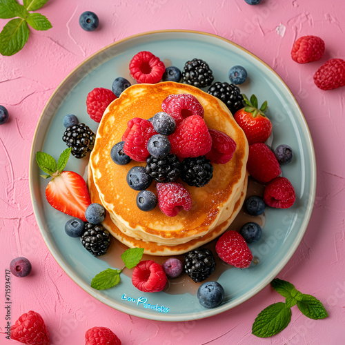 Fresh Berry Pancakes on Pastel Plate, Perfect for Summer Breakfast or Brunch Themes