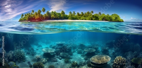 Mesmerizing vibrant coral atoll teeming with marine life beneath the clear tropical waters. © Riffat