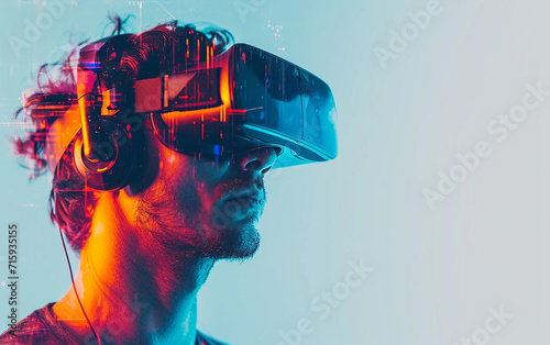 
A dupla exposição de um homem caucasiano e um fone de ouvido de realidade virtual VR é provavelmente um jogador photo