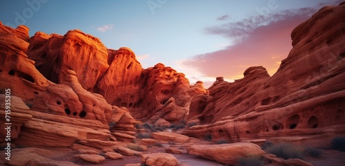 Mesmerizing vibrant red rock formations in a desert canyon illuminated by twilight.