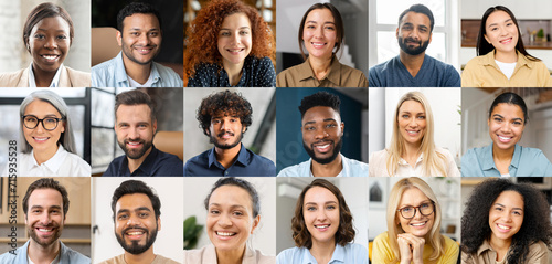 A grid of smiling individuals from various ethnic backgrounds symbolizes a virtual conference or social networking, highlighting the importance of face-to-face interaction in a digitalized world.