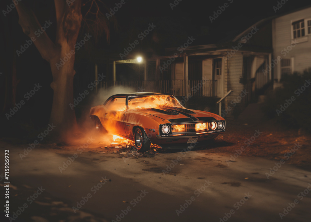 Retro car set on fire Retro car set on fire