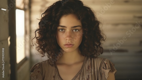 Photorealistic Teen Latino Woman with Brown Curly Hair vintage Illustration. Portrait of a person in Great Depression era aesthetics. Historic movie style Ai Generated Horizontal Illustration.