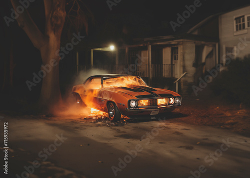 Retro car set on fire