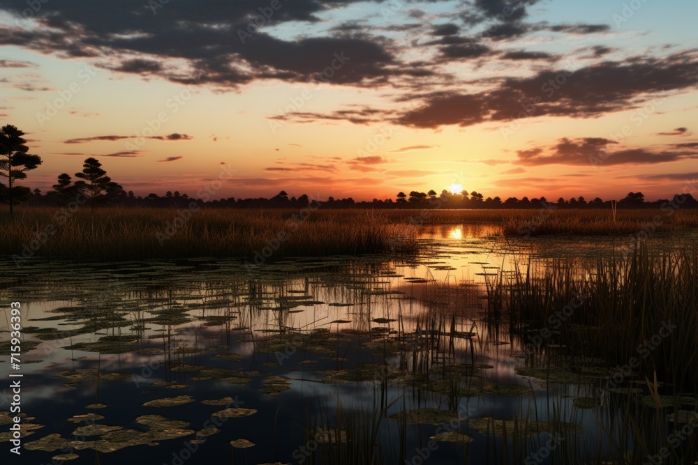 Mesmerizing Water Reflections in a Tranquil Marshland at Sunset.