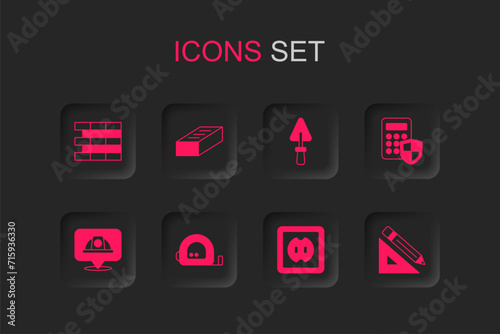 Set Roulette construction, Brick, Bricks, Electrical outlet, Security keypad access panel, Triangular ruler and pencil, Trowel and Worker safety helmet icon. Vector