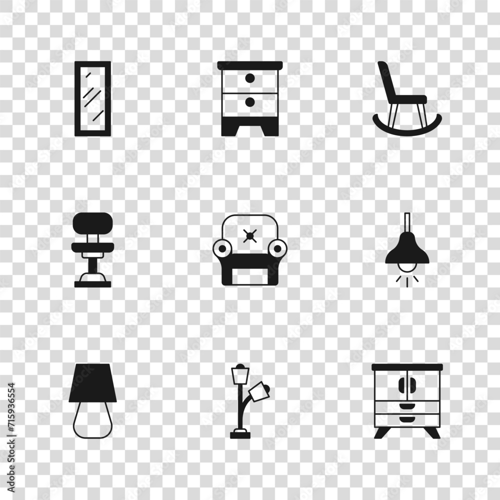 Set Floor lamp, Lamp hanging, Chest of drawers, Armchair, Big full length mirror, Furniture nightstand and Office icon. Vector Set Floor lamp, Lamp hanging, Chest of drawers, Armchair, Big full length mirror, Furniture nightstand and Office icon. Vector