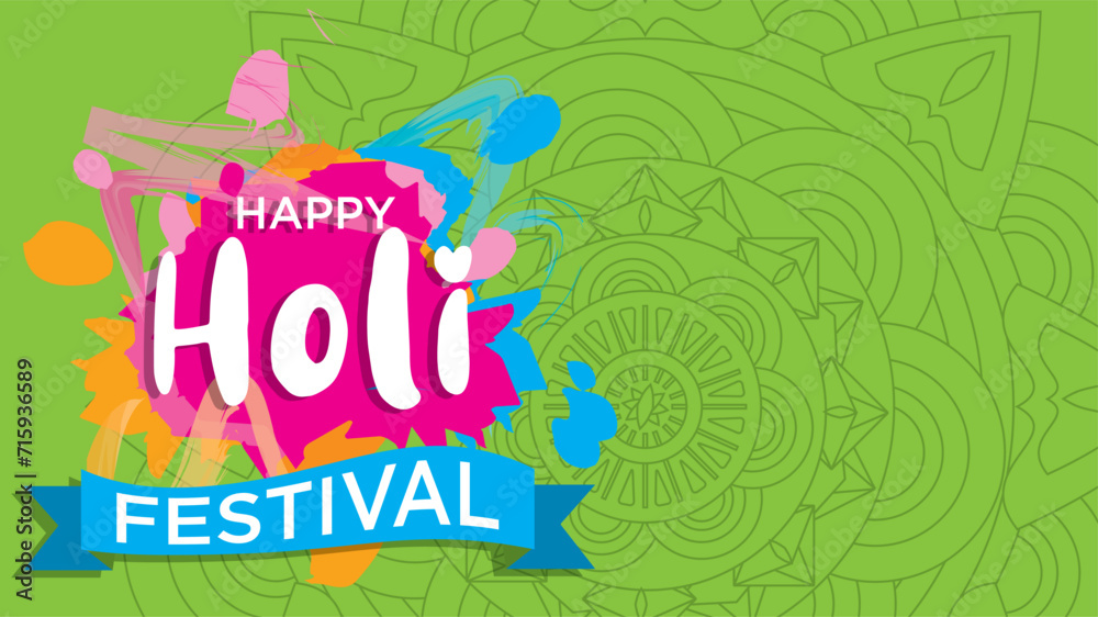 Fototapeta premium Horizontal invitation on green background with mandala to holi festival. Vector design