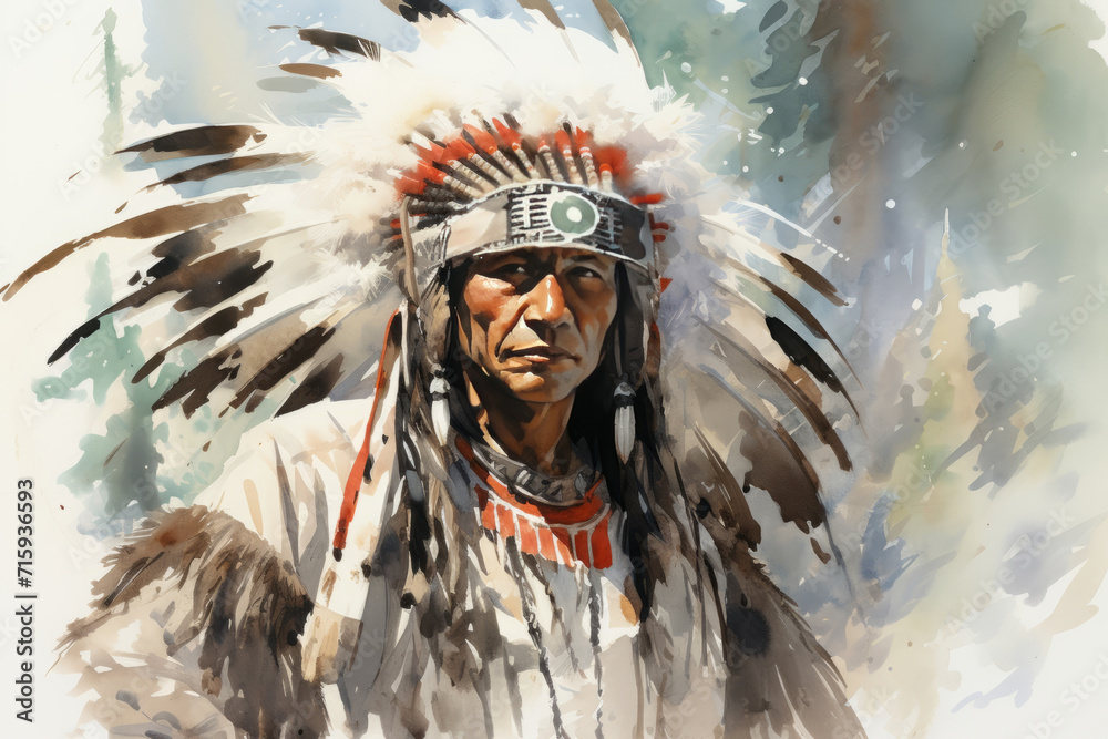 A captivating painting of a Native American man proudly donning a traditional headdress.