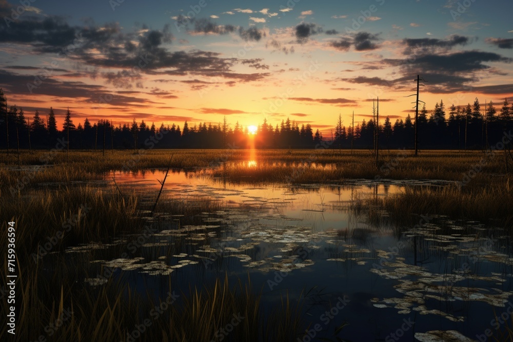 Mesmerizing Water Reflections in a Tranquil Marshland at Sunset.