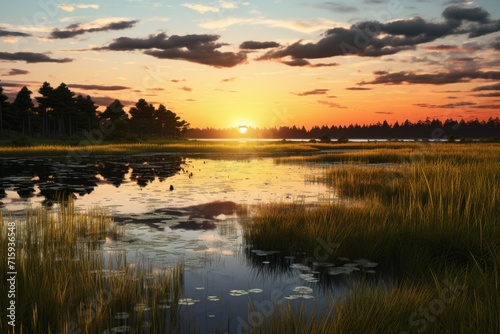 Mesmerizing Water Reflections in a Tranquil Marshland at Sunset. © Riffat