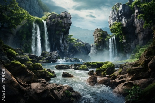 Mesmerizing Waterfall Flowing Down Rocky Terrain Surrounded by Greenery.