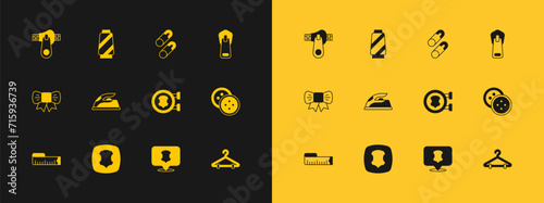 Set Zipper, Leather, Electric iron, Closed steel safety pin, and Sewing thread spool icon. Vector