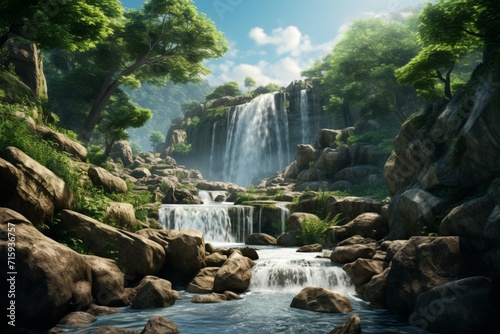 Mesmerizing Waterfall Flowing Down Rocky Terrain Surrounded by Greenery.