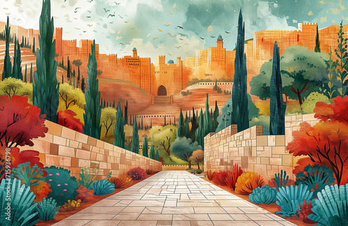 illustration of  the ancient city of jerusalem with no people photo