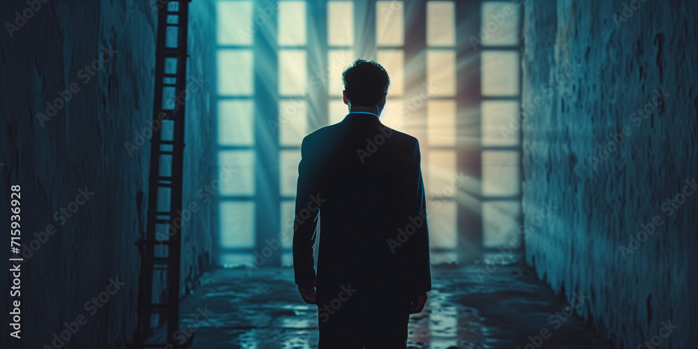 a man behind a set of bars looking into the sunlight pouring into the cell