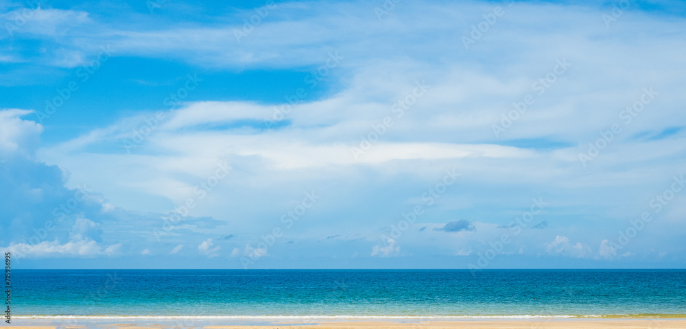 Beautiful horizon Landscape summer panorama front view point tropical sea beach white sand clean blue sky background calm nature ocean andaman wave water travel at Koh Muk Trang Thailand sun day time