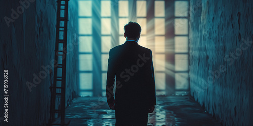 a man behind a set of bars looking into the sunlight pouring into the cell