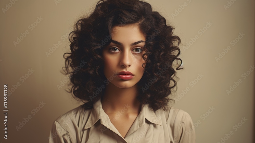 Photorealistic Teen Persian Woman with Brown Curly Hair vintage Illustration. Portrait of a person in Great Depression era aesthetics. Historic movie style Ai Generated Horizontal Illustration.
