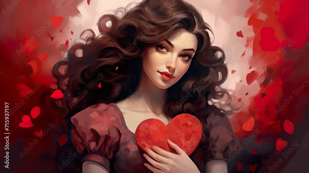 Herzensdame mit Herz - Liebevolle Frau umgeben von Herzen - obrazy, fototapety, plakaty 