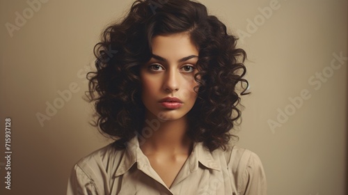 Photorealistic Teen Persian Woman with Brown Curly Hair vintage Illustration. Portrait of a person in Great Depression era aesthetics. Historic movie style Ai Generated Horizontal Illustration. photo