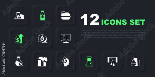 Set Broken oil pipe with valve, Oil tank storage, drop dollar symbol, petrol test tube, price increase, and gas industrial factory, and icon. Vector