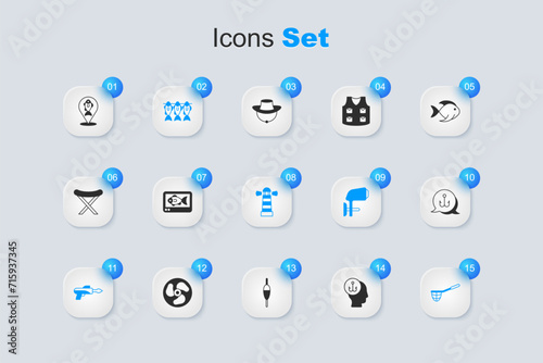 Set Fisherman, finder echo sounder, Dried fish, Fishing harpoon, net, hook, Location fishing and Lighthouse icon. Vector