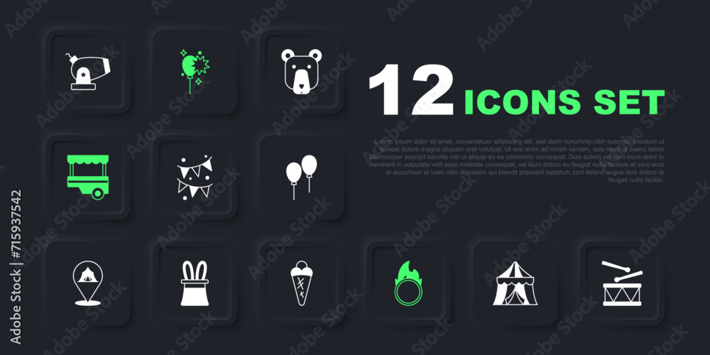 Set Circus tent, Drum with drum sticks, Carnival garland flags, fire hoop, Fast street food cart, Magician hat rabbit ears, Balloons ribbon and Ice cream in waffle icon. Vector Set Circus tent, Drum with drum sticks, Carnival garland flags, fire hoop, Fast street food cart, Magician hat rabbit ears, Balloons ribbon and Ice cream in waffle icon. Vector