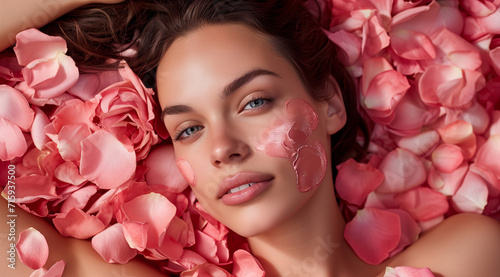 Ethereal Beauty Immersed in Vivid Pink Rose Petals, Dreamlike Softness and Allure